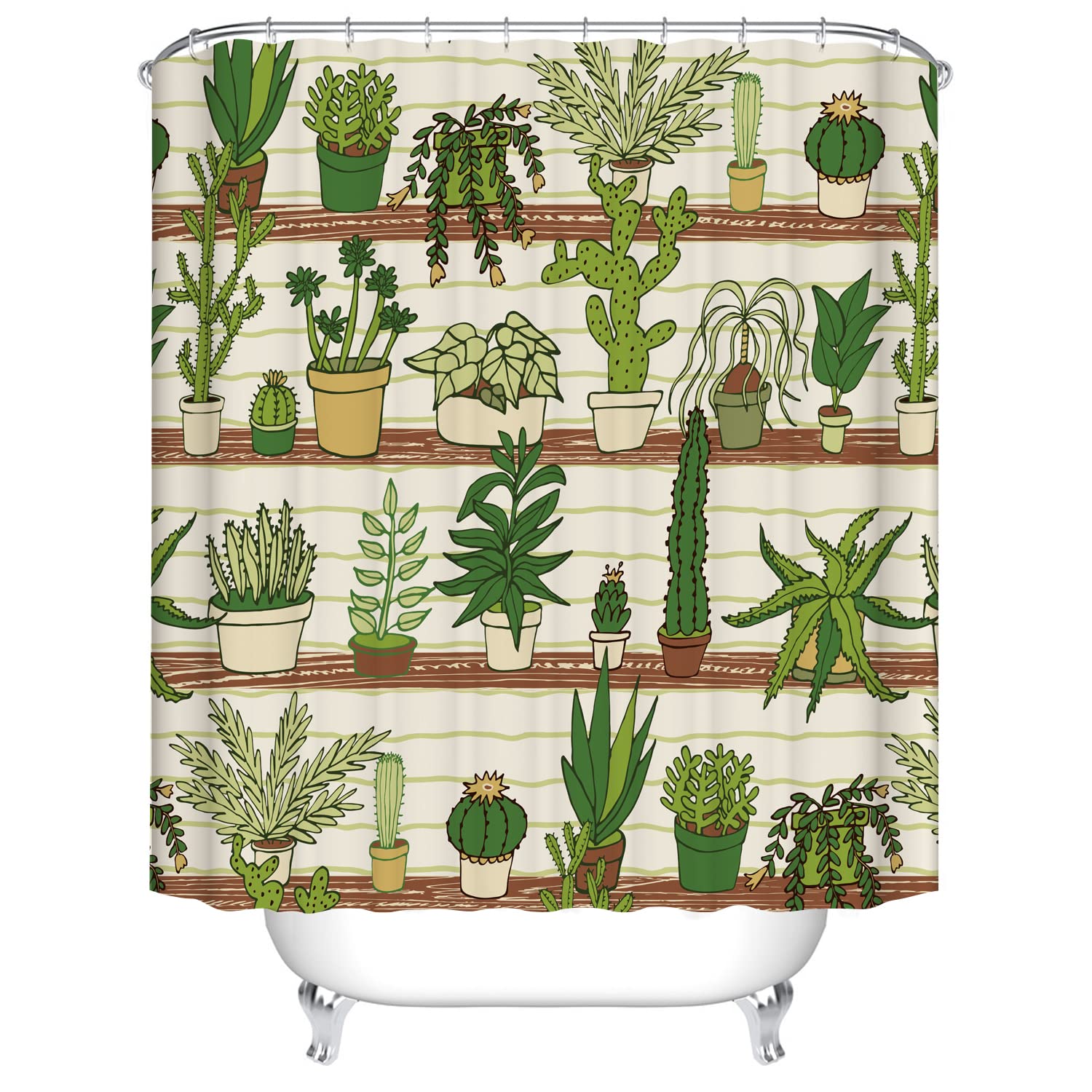 Green Cactus Succulent Plants Shower Curtain, Various Botanical Potted Plants Bath Curtain Bathroom Décor, 180 x 180 cm
