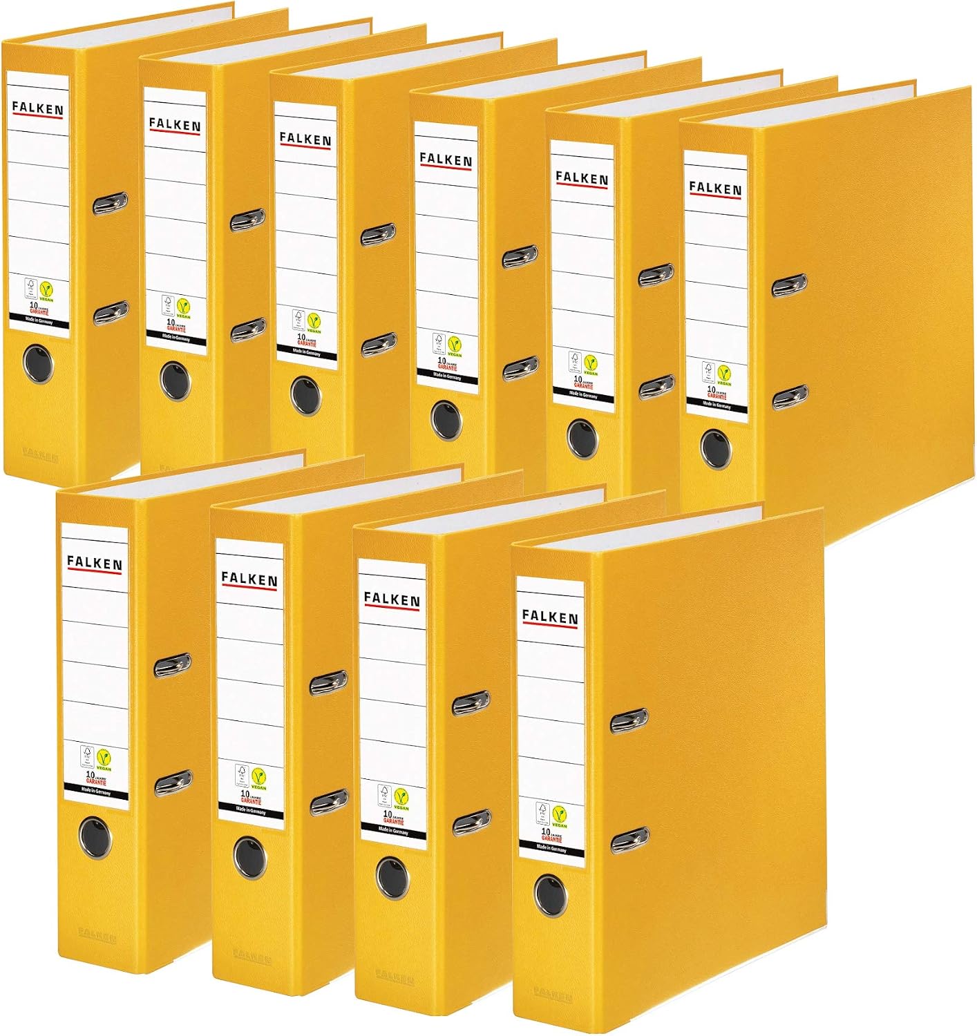 FALKEN Original PP-Color Plastic Folders, Pack of 10, Yellow, DIN A4, 8 cm Wide, 3-Hole, Made in Germany, FSC Certified