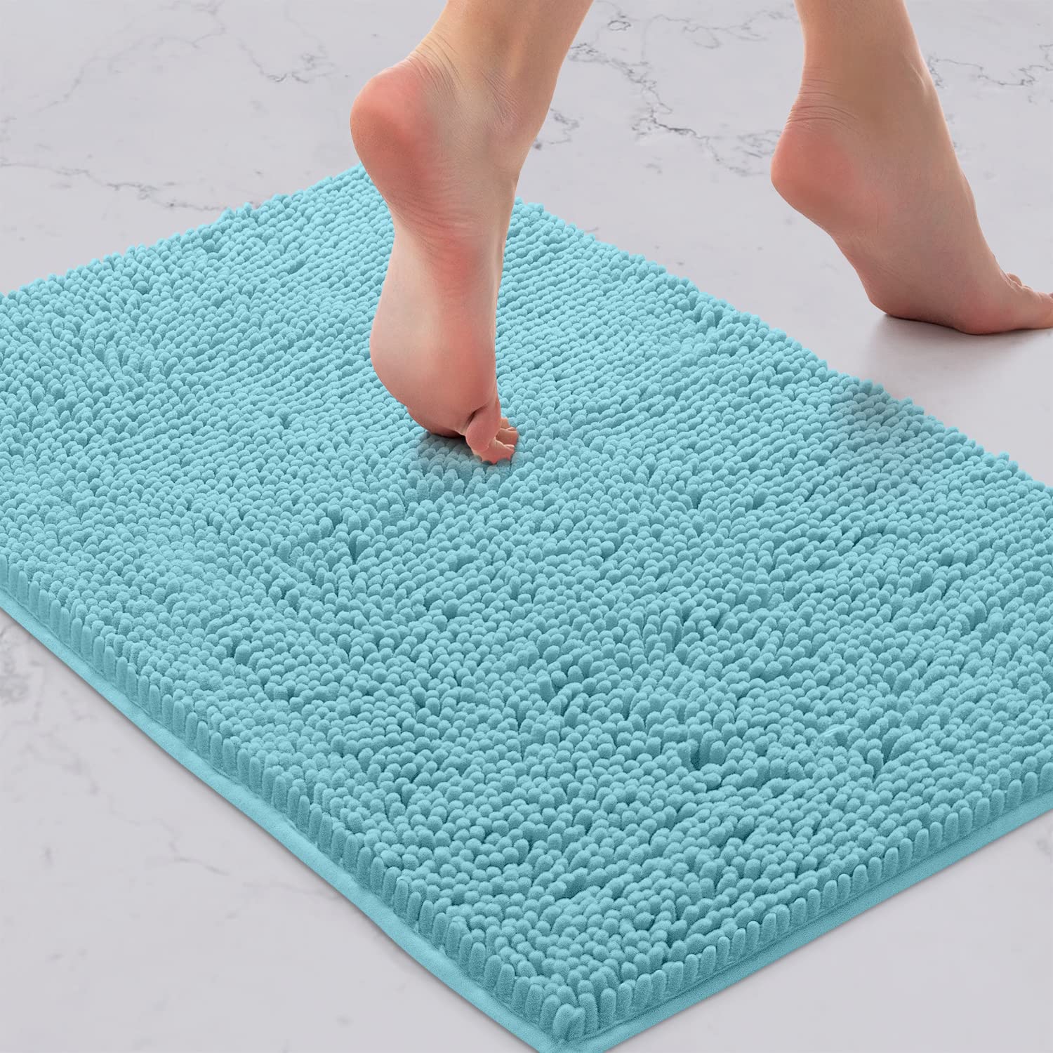 LuxUrux Bath Mat-Extra-Soft Plush Bath Shower Bathroom Rug, 1'' Chenille Microfiber Material, Super Absorbent Shaggy Bath Rug (Spa Blue, 42 x 60 cm)