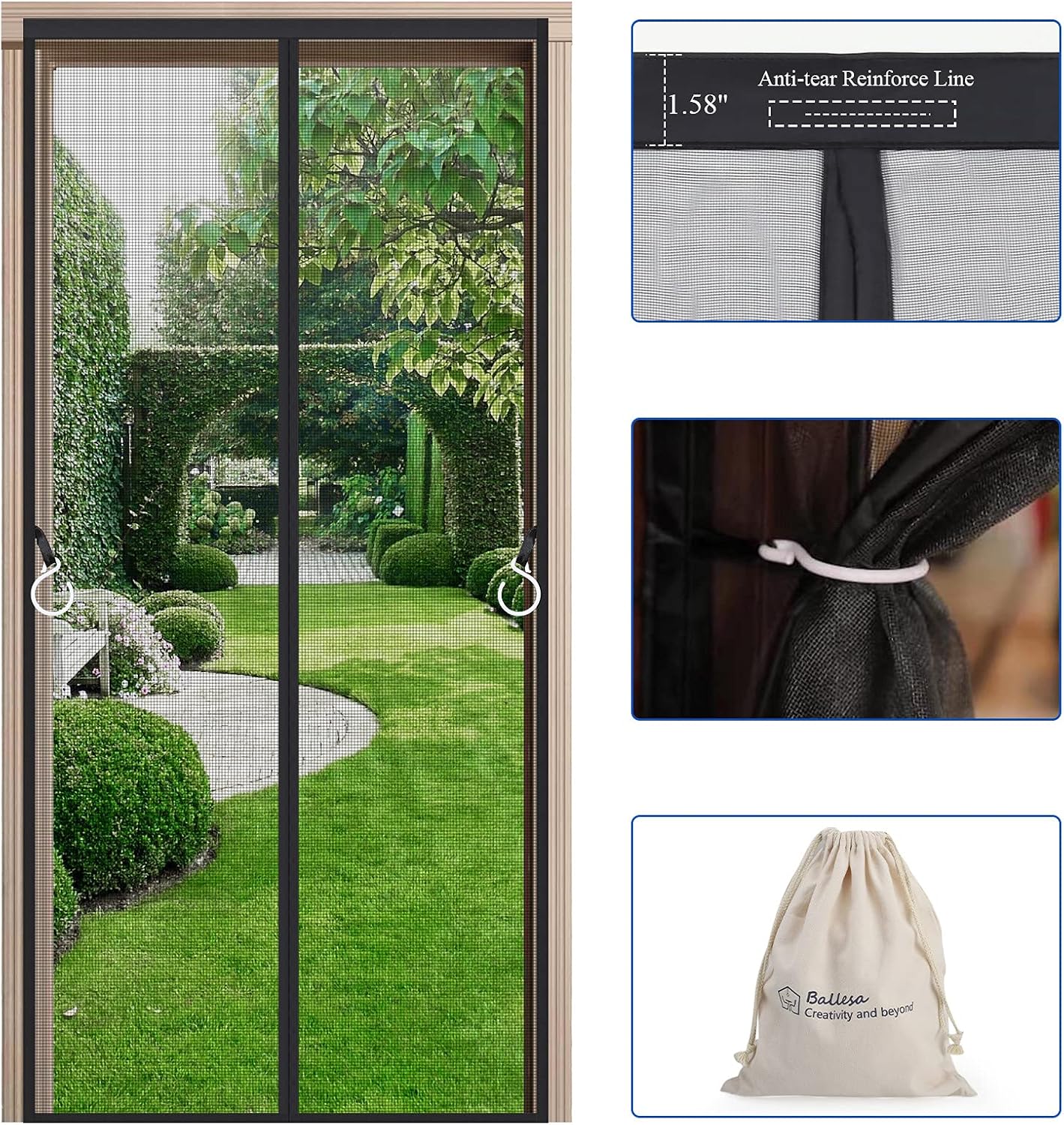 Ballesa Magnetic Screen Door with Hook, Reinforced Fiberglass Mesh, Super Durable, Full Frame Hook&Loop Throughout Bottom, Hands Free,Pets and Kids Friendly, Fit into Door Size 34-35x82 Inch -Black