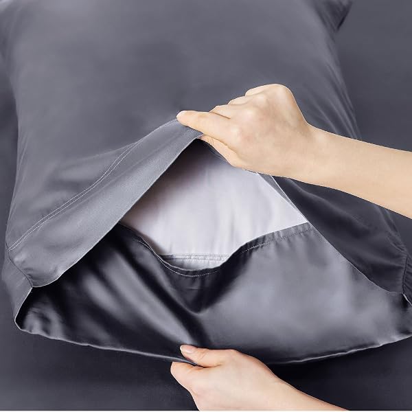 BEDSURE QUEEN SHEET SET, COOLING SHEETS FOR QUEEN SIZE BED SET, RAYON DERIVED FROM BAMBOO, BREATHABLE & SOFT DEEP POCKET UP TO 16 INCHES, HOTEL LUXURY SILKY BEDDING, BEDSHEET & PILLOWCASES, DARK GREY