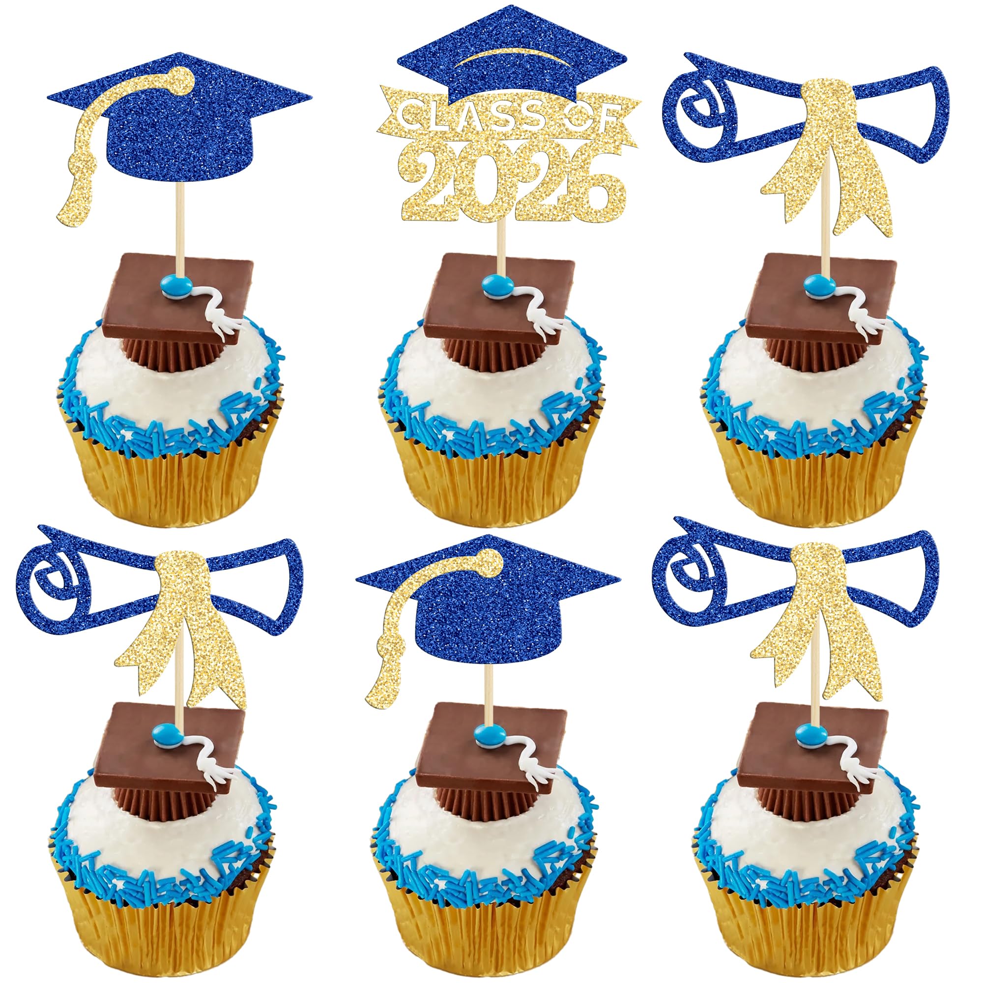 Gyufise 24Pcs 2026 Graduation Cupcake Toppers Glitter Class of 2026 Cupcake Picks Diploma Graduation Cap Cake Decorations for 2026 Grad Theme Party Supplies Gold Blue