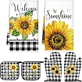 Bencailor 6 Pcs Spring Kitchen Decor Sunflower Pot Holders and Oven Mitts Stes Yellow Kitchen Towel 2 Farmhouse Cooking Mittens for Cooking Grilling Supply Accessories(Yellow,Sunflower)