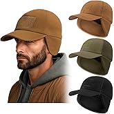 Chicingyou 3 Pcs Winter Tactical Cap with Patch Warm Baseball Cap with Ear Flap Fleece Operator Work Military Hat with Loop Field Fleece Beanie with Brim for Men