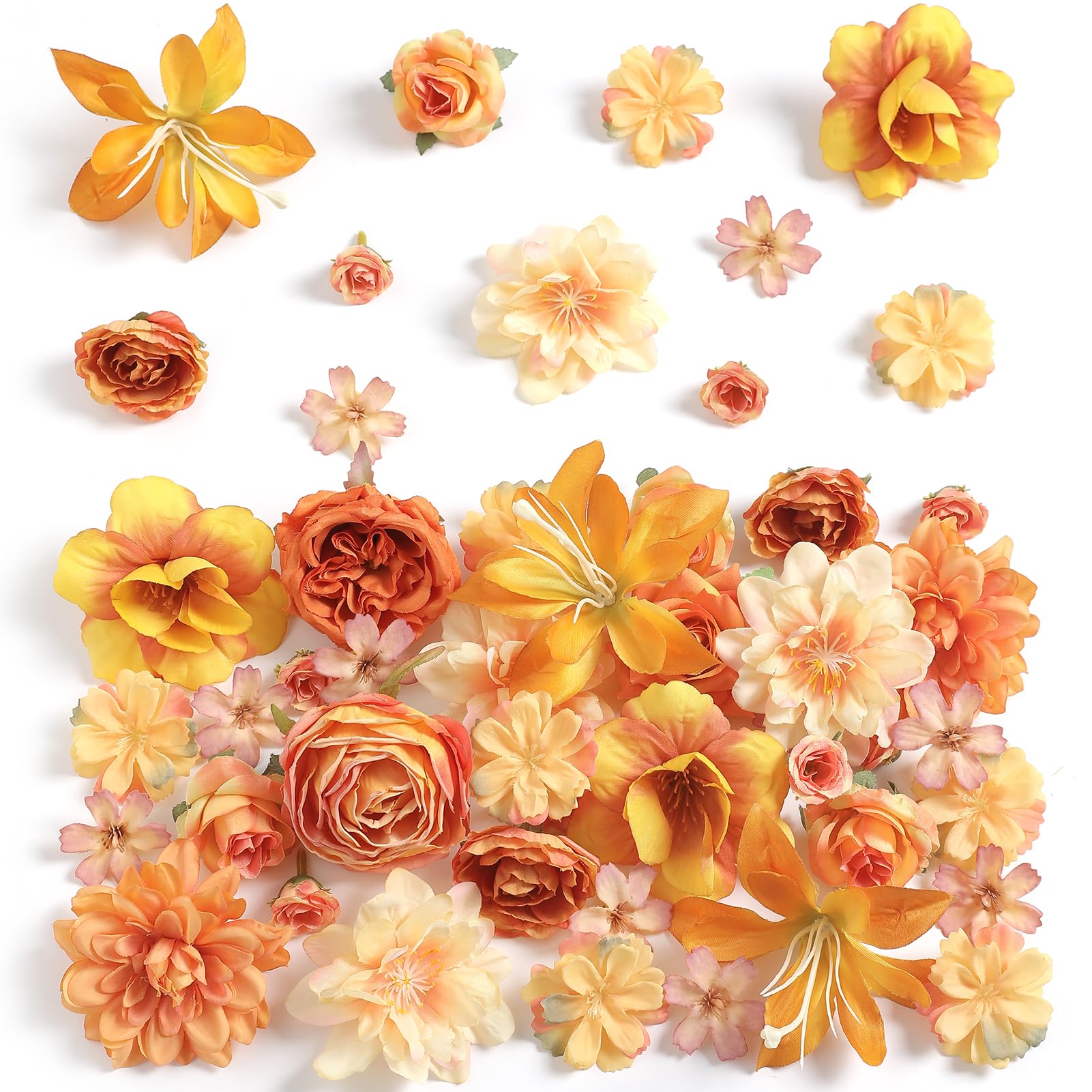 rongflower Fake Flower Heads for Crafts - Orange Silk Artificial Roses, Peonies, Daisies & Mini Floral Heads Bulk (48-Pack) for Wedding Decor, Graduation Cap, Cake Topper, Baby Shower, Home Decoration