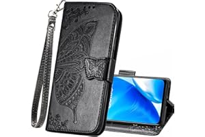 HAOTP Oneplus Nord N200 Case,1+ Nord N200 PU Leather Wallet Flip Protective Phone Case with Wrist Strap Card Slots Holder Pocket Emboss Butterfly Flower Stand Case for Oneplus Nord N200 Black