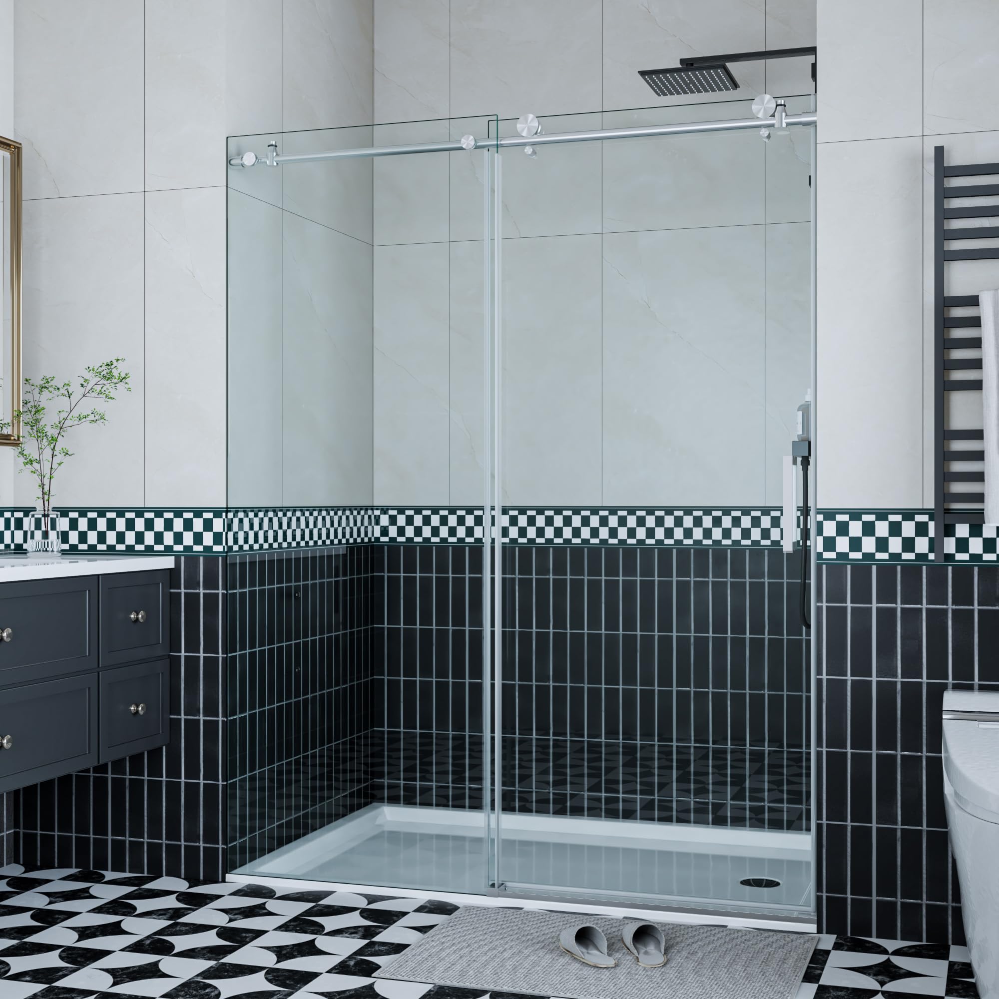 Photo 1 of ***FACTORY SEALED*** ***TRUCK/TRAILER PICKUP ONLY*** Frameless Sliding Shower Door - 56 to 60 Inch Adjustable Width x 76 Inch Height, 8mm Tempered Glass with Soft Close & Easy-Clean Coating, Stainless Steel Round Rail & 55 Rollers, Brushed Nickel Finish