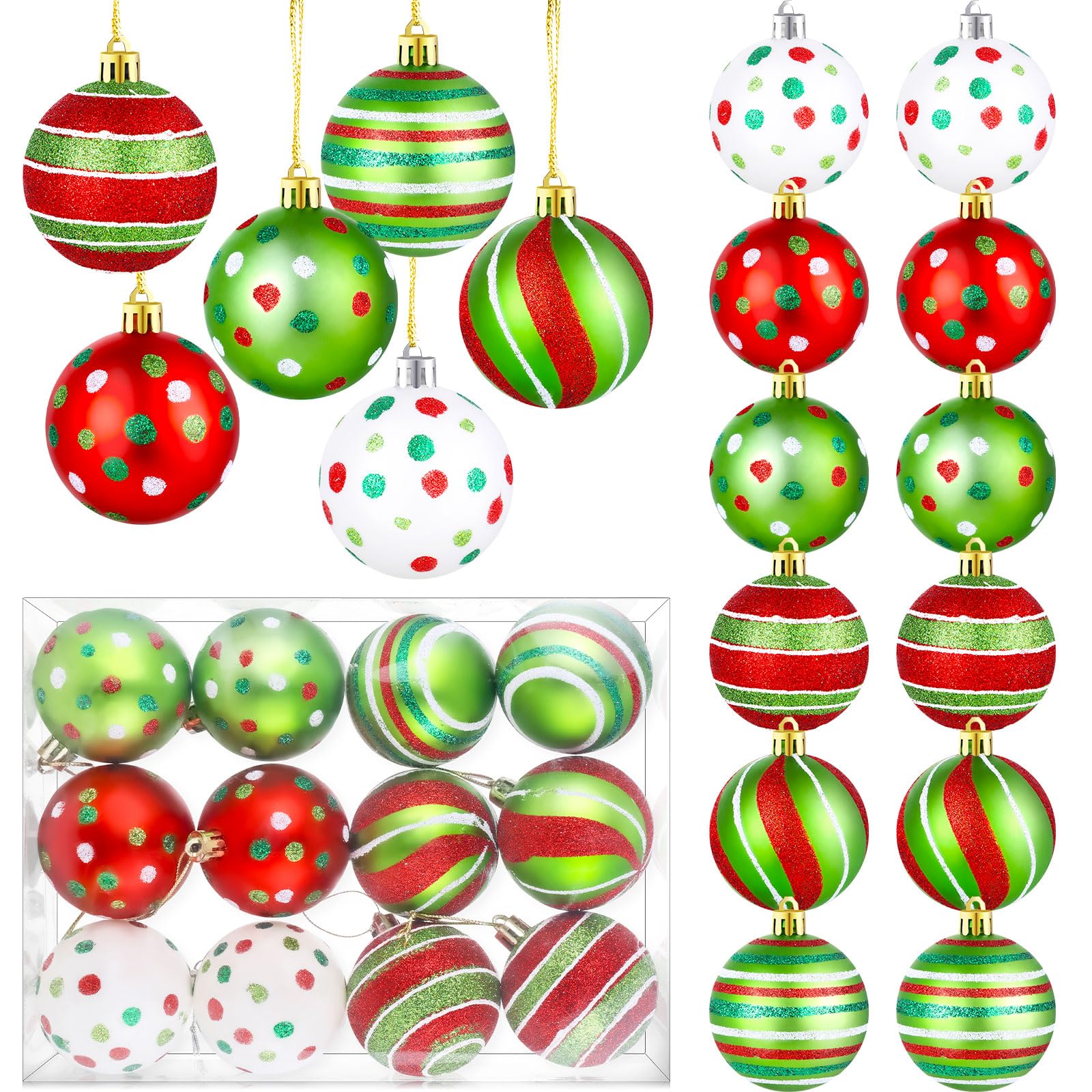Photo 1 of 12 Pcs Christmas Tree Ball Ornaments 2.4 Inch Glittering Plastic Hanging Decorations Shatterproof Swirl Candy Cane Balls Christmas Tree Pendants for Xmas Holiday Party Decoration (12)