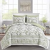 Dobuyly Floral Queen Comforter Set, 7 Piece Bed in a Bag Queen Size Sage Green Flowers on White Botanical Bedding Set, Soft Microfiber Bedding Comforter Sets with Sheets for All Season