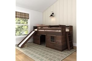 Max & Lily Loft Bed Twin Size, Solid Wood Low Loft Bed with Slide and Ladder, Modern Farmhouse Loft Bed for Kids, Barnwood Brown