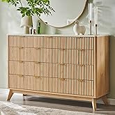 T4TREAM Fluted 9 Drawer Dresser, Modern Chest of Drawers with Faux Marble Top, Curved Profile Design, Dresser TV Stand, Wood Drawer Organizer for Bedroom, Living Room, Hallway, Natural Oak