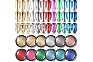 Born Pretty Mirror Chrome Nail Powder Set, 12 Colors Metallic Mirror Effect Nail Powder Red Green Gold Silver Holographic Aurora Chameleon Pigment for Nail Art Gel Polish Christmas Decoration Sets
