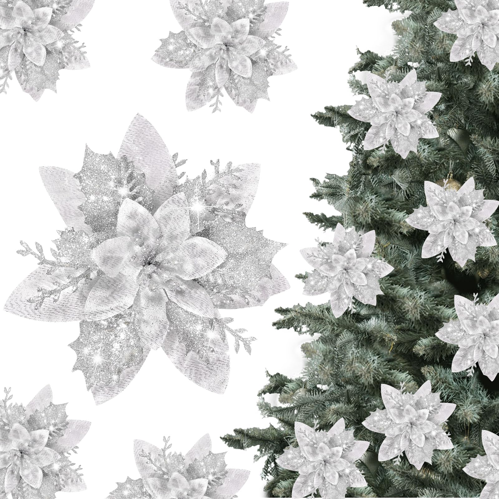 Creaher Christmas Poinsettia Flowers Glitter Artificial Flowers Silver 16PCS Xmas Poinsettia Flowers Decoration Large Christmas Tree Ornaments Xmas Garland Wreaths DIY Decor