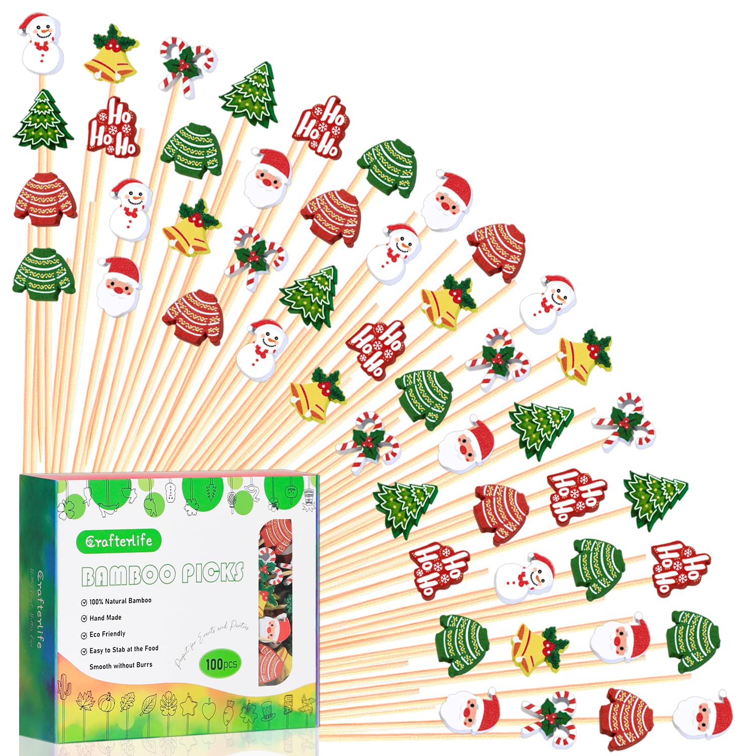 Photo 1 of 100Pcs, 5", Christmas Cocktail Picks Xmas Decor Toothpicks Fruit Sticks Food Sandwich Appetizer Charcuterie Skewers, Xmas Tree Snowman Bell Santa Claus Themed Christmas Decorations Party Supplies