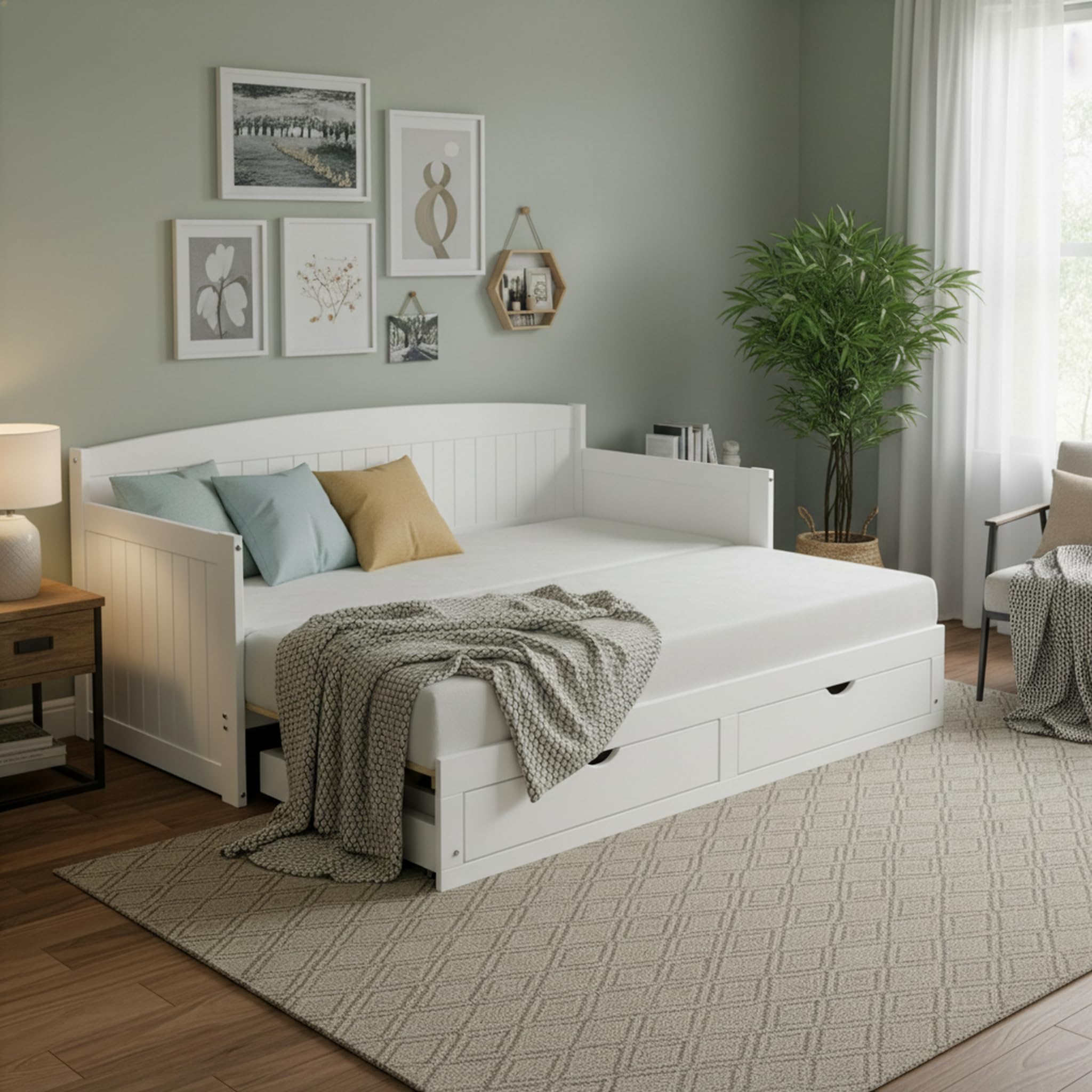 Photo 1 of Alaterre Furniture Harmony Twin to King Daybed with Pop Up Trundle Bed - Solid Wood Twin Day Bed with 2 Pull-Out Storage Drawers and 400lb Capacity - For Kids, Guest Room, Living Room (White)