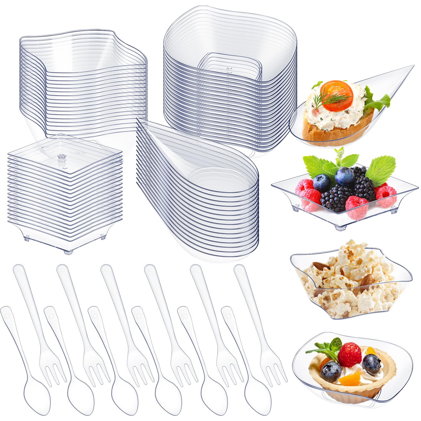 Photo 1 of Tessco 200 Pcs Mini Appetizer Plates with Spoons Forks Disposable Mini Dessert Plates Plastic Appetizer Bowls Tiny Individual Serving Trays for Party(Clear,Classic)