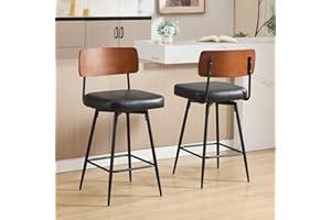 Swivel Bar Stools Set of 2, 26" Modern Counter Height Bar Stools with Walnut Back and Metal Legs, Faux Leather Upholstered Ba