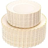 YOUBET 100PCS Ivory Scalloped Plastic Plates - Heavy Duty Gold Disposable Fancy Hard Plates Include 50 Dinner Plate, 50 Dessert Plate, for Wedding & Party Valentines Day