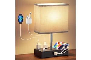 Kakanuo Fully Dimmable Nightstand Lamp for Bedroom with USB C Ports, Grey Small Bedside Table Lamp with Charging Outlets and Phone Stands, Wooden Desk Lamp for Living Room, LED Bulb Included