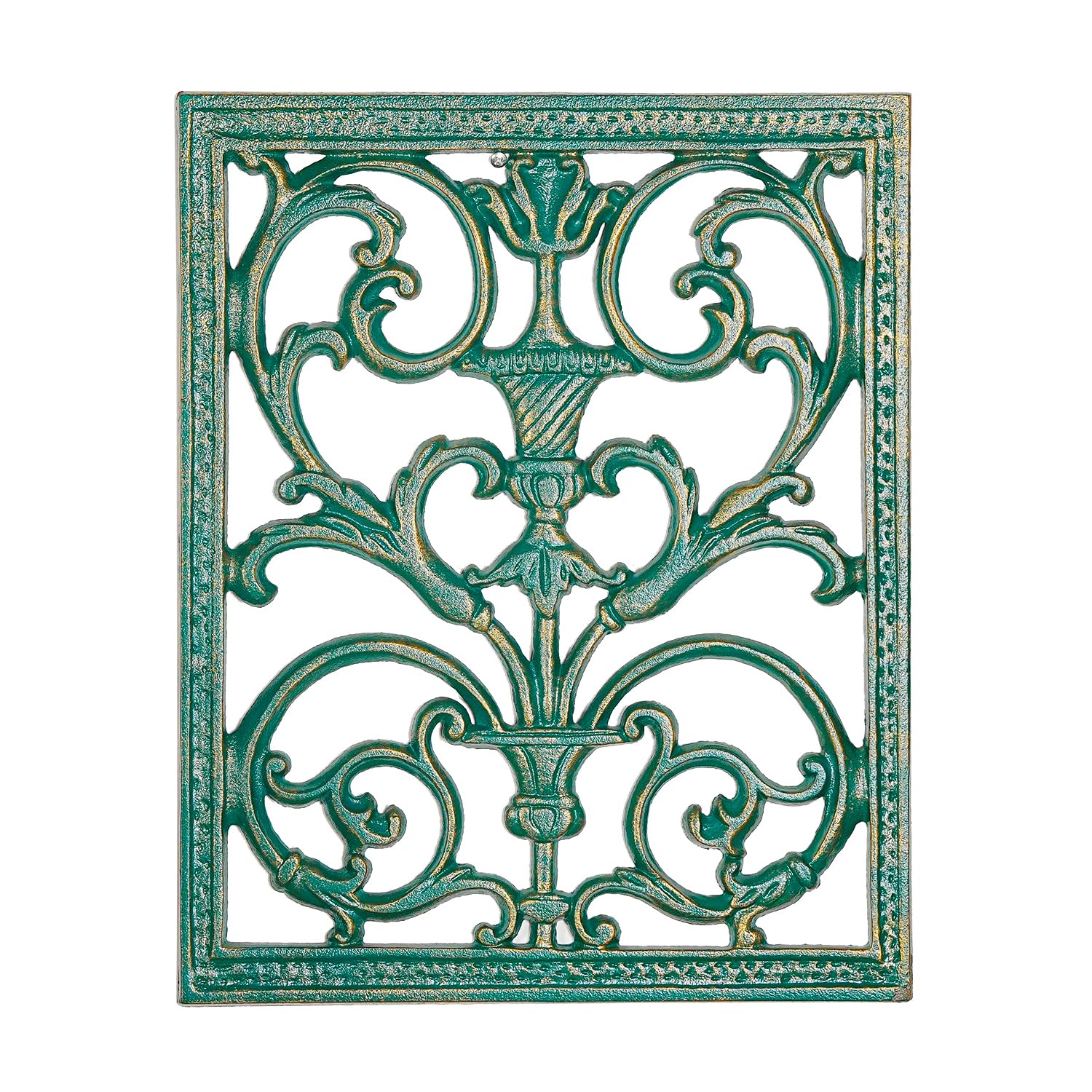 Photo 1 of Sungmor Cast Iron Scroll Wall Decor, Flower Carved Artwork, 12x15 Inch Intricate and Pretty Plaque, Living Room, Bedroom Decorations, Antique Green with Gold Accent