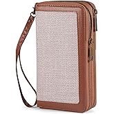 HAWEE Double Zipper Wallet RFID Blocking Cellphone Wristlet for Women Large Capacity Multi Card Clutch Purse with Removable Strap, Grey Linen Brown