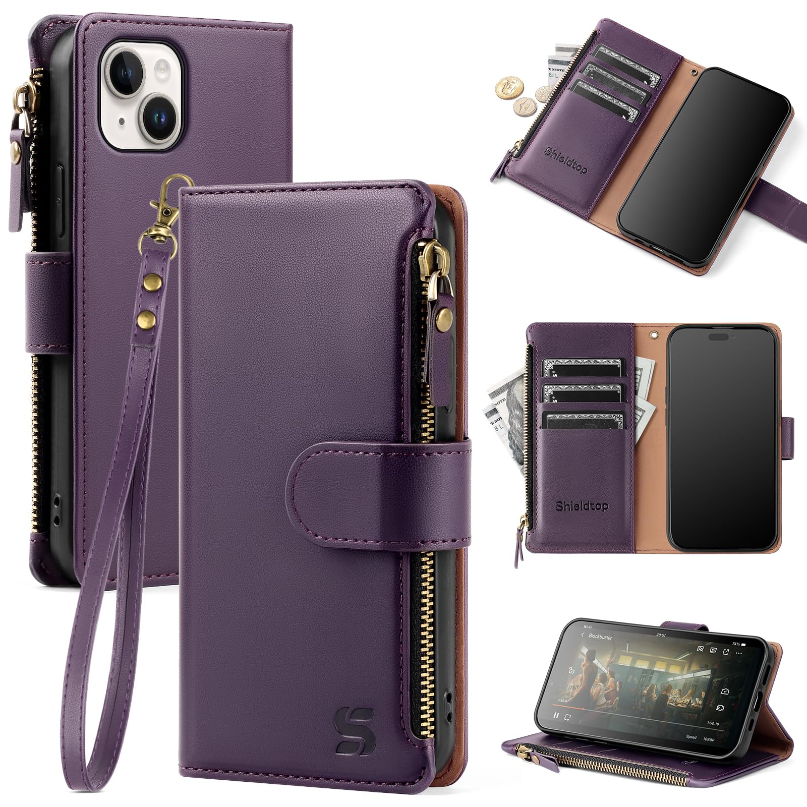 Shieldtop Compatible with iPhone 14 Wallet Case with Card Holder,Women Men RFID Blocking PU Leather Flip Cover Wrist Strap Zipper Credit Card Slots,Phone Case for Apple 14 6.1",Dark Purple