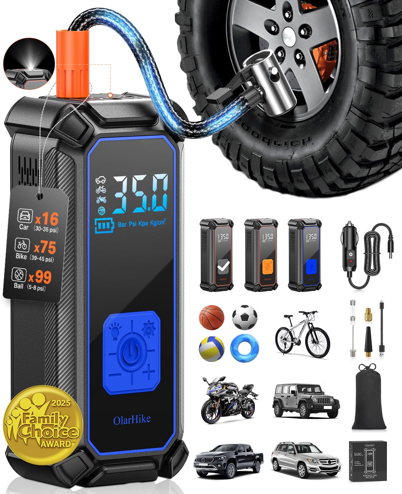 Photo 1 of OlarHike Long Range Battery Tire Inflator Portable Air Compressor, 150PSl Dual Mode Auto Air Pump for Car Tires, Motorcycle, Bicycle, Gifts for Dad with LED Light & Digital Pressure Gauge