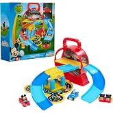 Disney Junior Mickey Mouse Stow &rsquo;n Go Garage Figure and Vehicle Playset | 2 Diecast Vehicles with Mickey Mouse &amp; Donald Duck, Portable Toy Garage, Holiday Stocking Stuffers, Gifts, Presents, Ages 3+