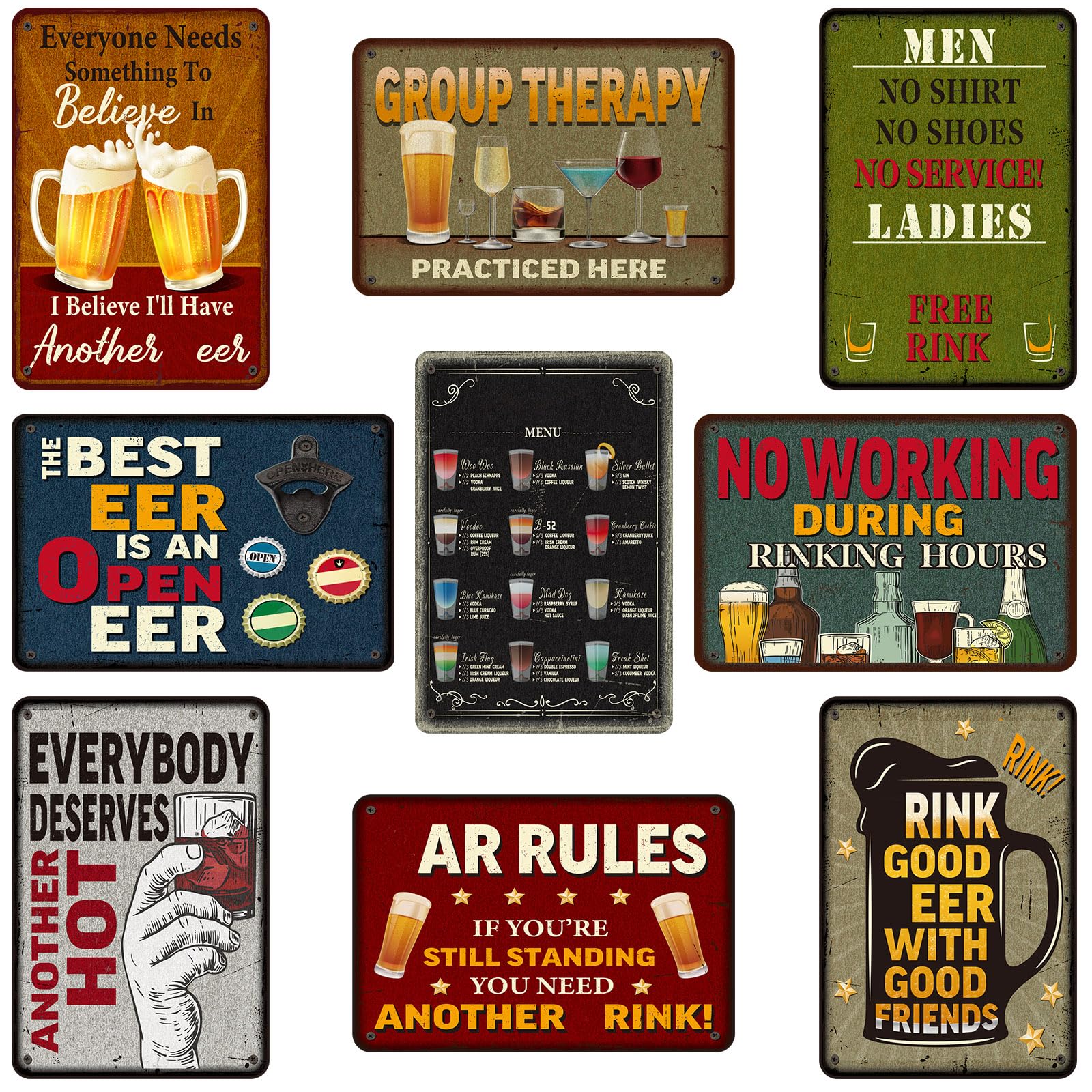 Photo 1 of Clabby 9 Pcs Funny Bar Signs for Home Bar Vintage Funny Sign for Home Wall Sign Set for Backyard Man Cave Party Decoration Dinner Garage(Metal,12 x 8 Inch)