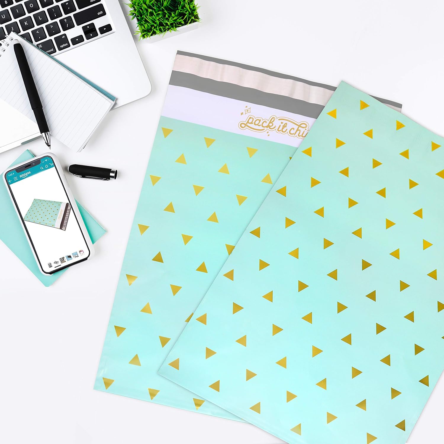 Pack It Chic - 10X13 (100 Pack) Mint Gold Triangles Poly Mailer Envelope Plastic Custom Mailing & Shipping Bags - Self Seal (More Designs Available) : Office Products