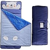 DuShow Toddler Nap Mat for Boys,Soft Roll Up Slumber Bags,Toddler Nap Mat with Removable Pillow and Fleece Blanket,Kids Sleeping Bag for Daycare and Preschool Kindergarten,Travel Bear Pattern-Navy