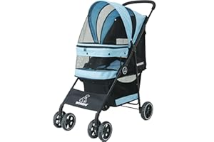 ROODO 4 Wheel Dog Cat Pet Stroller Best Lightweight Foldable Compact Portable Jogger All Terrain Travel Pet Gear Puppy Doggie Bunny Kitty Stroller for up to 30lbs Medium Small Dogs Cats(Sky Blue)