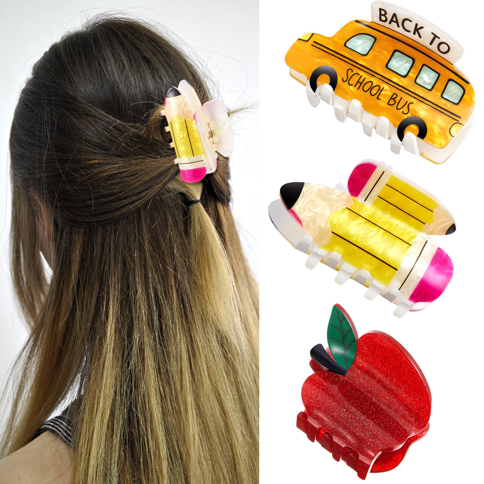 Photo 1 of 3 Pcs Pencil School Bus and Apple Hair Claw Clips Back to School Teacher Clips Cute Jaw Barrettes for Women Teachers Appreciation Gift Thick and Thin Hair Accessories