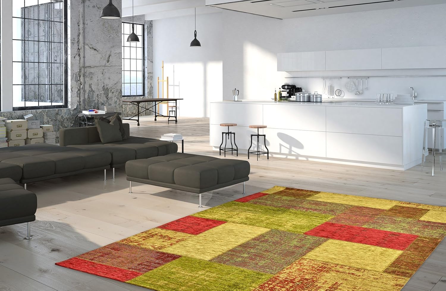 New Modern Bohemian Obsession Patchwork Rug My Gent 751 Vintage Shabby Chic Style Red Green Yellow Orange Mustard Yellow Silver Grey Light Grey Black And White Gen 751 Multi 80