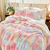 Flysheep Luxury Faux Fur Shaggy Fluffy Comforter Set Full/Queen Size Colorful Rainbow Long Hair, 3 Pieces Plush Flannel Sherpa Backing Reversible Soft Microfiber Bedding Set Super Warm for Winter