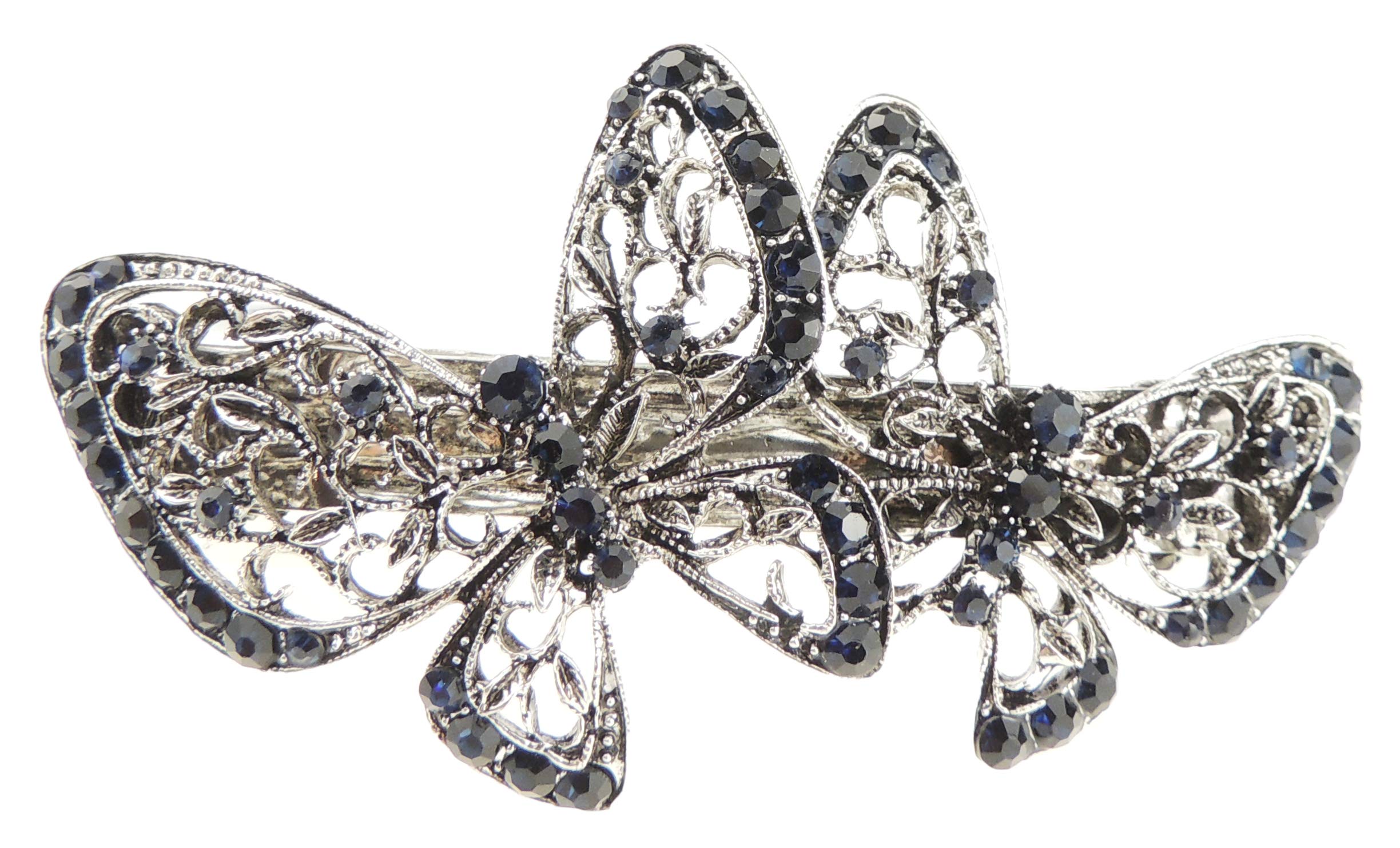 Vintage Look Womens Girls Crystal Rhinestone Diamante Wedding Bridal Party Evening Ponytail Fine Hair Accessories Occasion Barrette Hairpin Grip French Metal Spring Clip Silver Tone Butterflies Blue