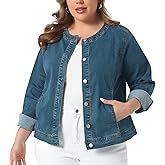 Agnes Orinda Women's Plus Size Denim Jacket Collarless Button Down Cargo Jean Jackets Shacket