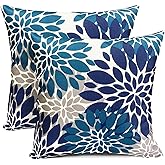 Decorative Throw Pillow Covers Set of 2 Blue Pillow Covers 18x18 Inch Couch Pillow Covers for Sofa Living Room Outdoor Throw Pillow Cover Polyester Square Floral Flower Farmhouse Pillowcase
