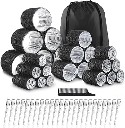 JOLCEEY 50pcs Hair Rollers Set 4 Sizes Jumbo Large Medium Small with Clips Black