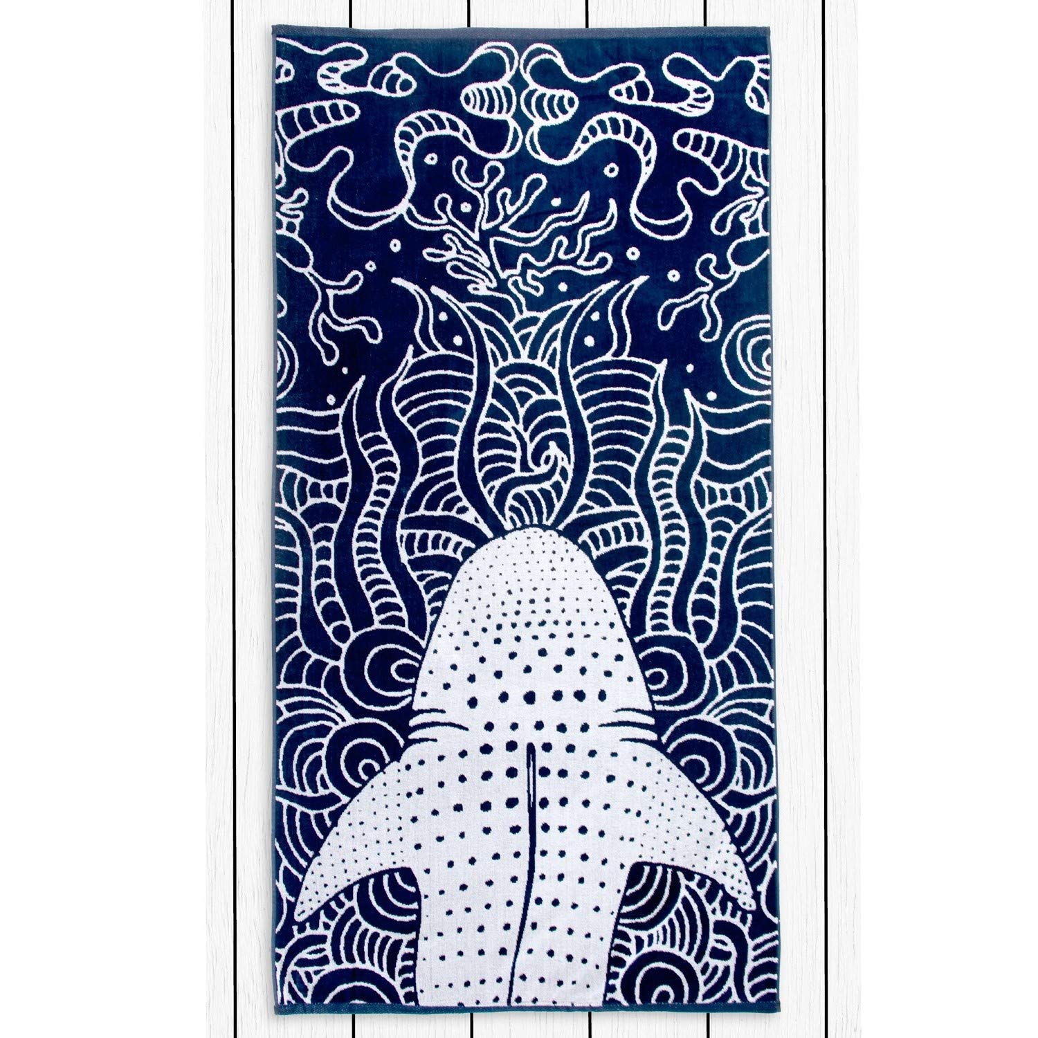 DecoKing Beach Towel Large 90 x 180 cm Cotton Terry Velour Bath Towel Dark Blue Navy Blue White Shark Shark