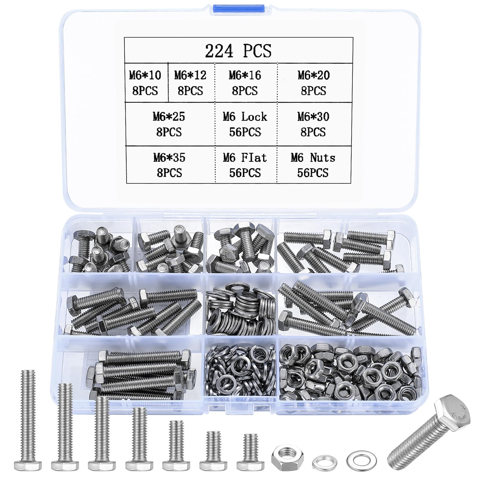 224 Pcs M6 Bolts and Set, Flat Hex, M6 Hex Bolts Sets, Metric Assorted Nuts and Assortment, Outer Hexagon Machine Screws and Nuts and Flat Washers & Lock Washers, Bike