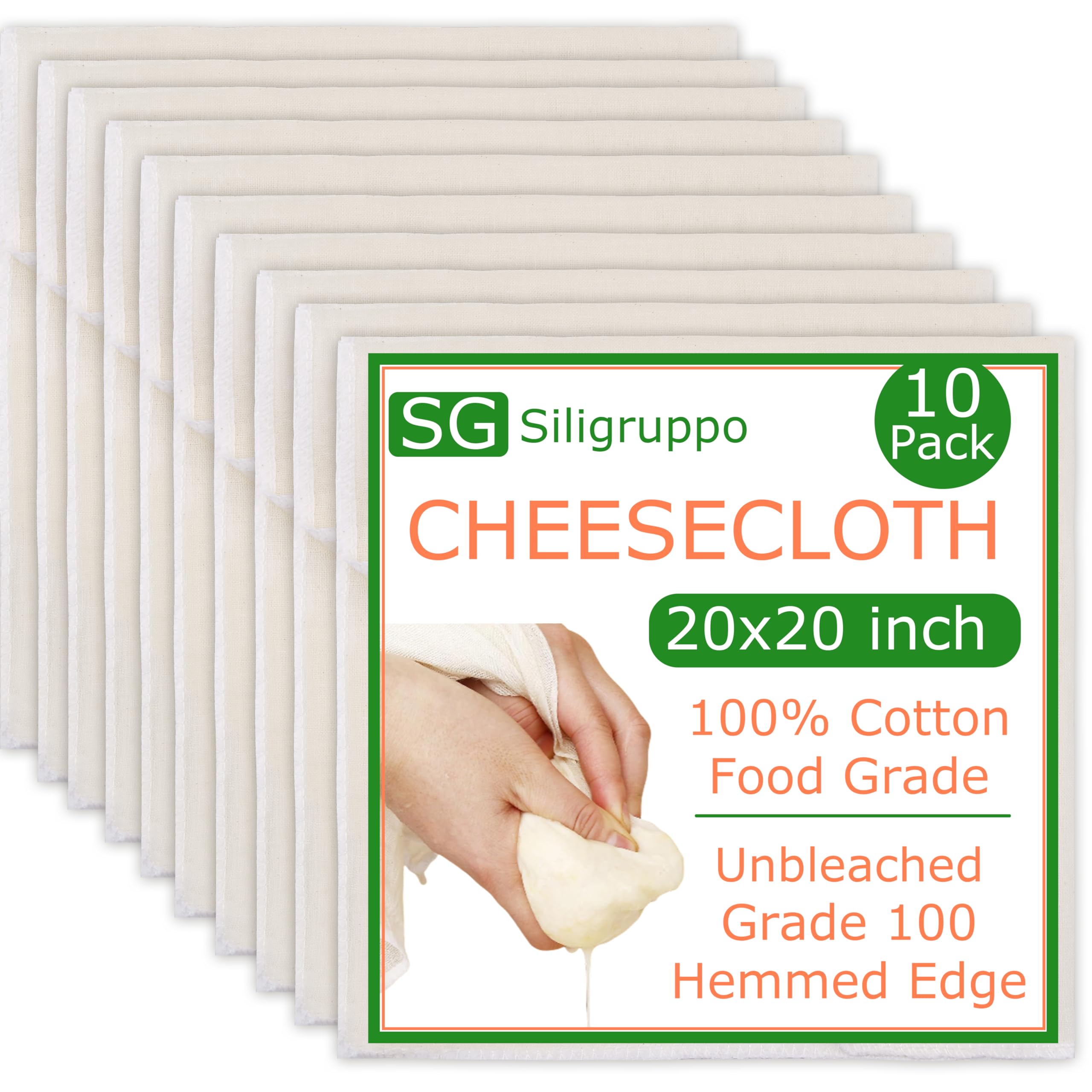 Photo 1 of 10-Pack Hemmed Cheesecloths - 20"X20" Reusable Unbleached Cotton For Cheese Making, Nut Milk, Yogurt Straining & Crafts. Food-Grade, Pre-Cut With Reinforced Edges