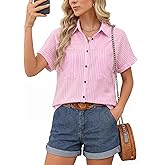 Button Down Shirt for Women Short Sleeve Blouses Dressy Casual Business Work Summer Vacation Tops Hawaii Shirts with Pockets