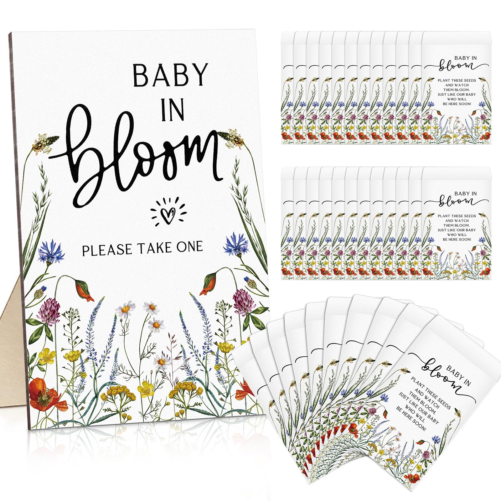 Photo 1 of Maitys 100 Pcs Baby Shower Seed Packets Favors for Guests Baby in Bloom Wooden Sign Self Adhesive Envelopes Packet Storage Decor, No Seeds(Wildflowers)