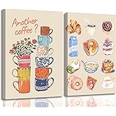 Modern Coffee Kitchen Canvas Wall Art Colorful Breakfast Food Croissant Painting Picture Wall Decor Trendy Coffee Cups with Flower Poster Print Artwork for Dining Room Bedroom Dorm Decorate, Framed