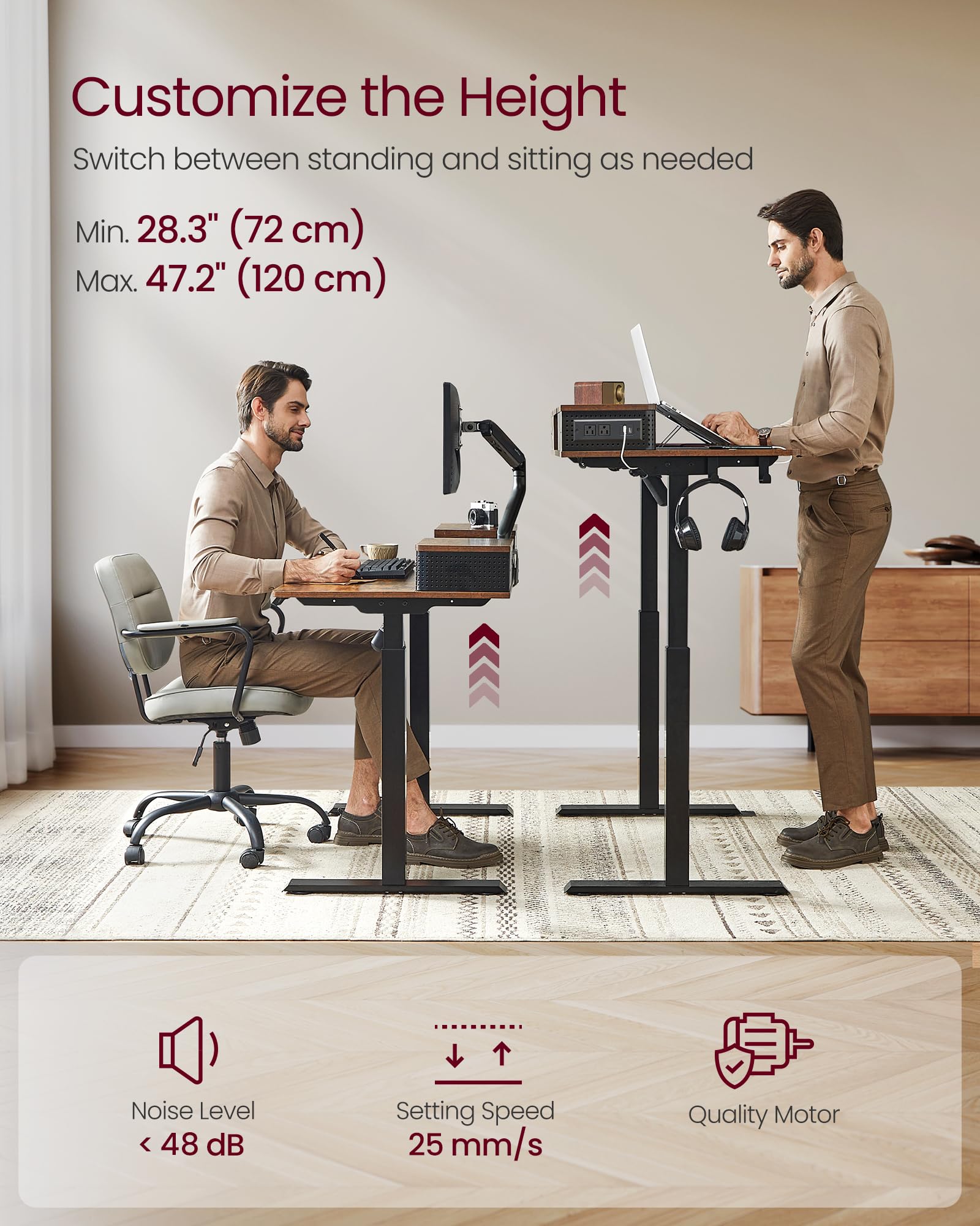 VASAGLE Electric Standing Desk with Drawers, 55.1 x 23.6 Inches, Sit Stand Desk with Power Outlet and LED Lights, Adjustable Height, Storage Shelf, 3 Memory Buttons, for Home Office, Rustic Brown