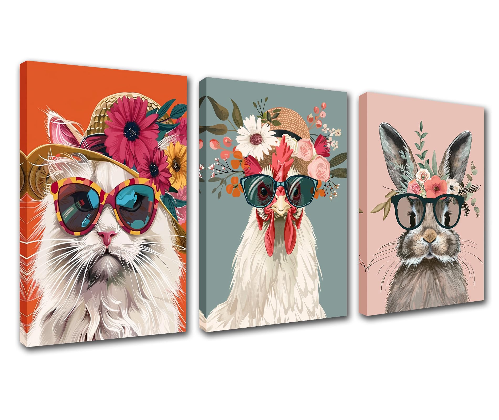 Cute Funny Animal Canvas Wall Art for Living Room Decor 3 Pcs Rooster Cat Rabbit Wear Sunglasses Paintings Animal Flowers Artwork Decor Wall Pictures Kitchen Wall Decor Framed Ready to Hang 42”Wx20”H