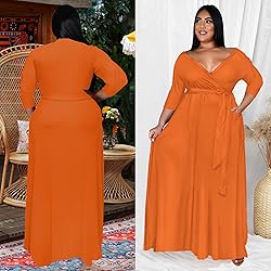 Runwind Plus Size Maxi Dress Sexy 3/4 Sleeve V Neck