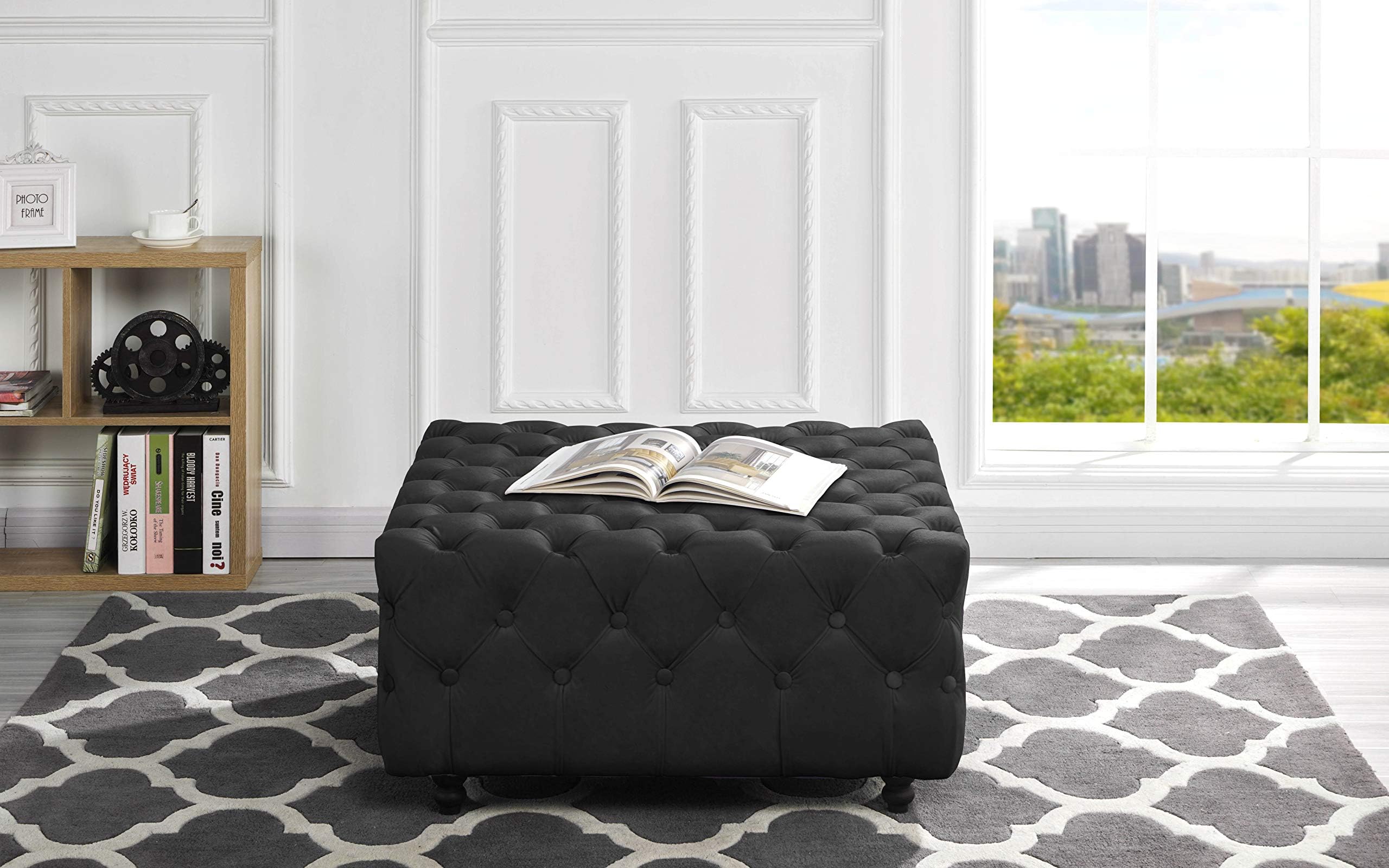 Divano Roma Square Tufted Velvet Ottoman, Foot Stool (Black)