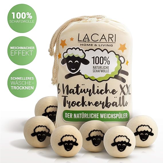 Lacari ® 6 XXL Trocknerbälle für Wäschetrockner - Der natürliche Weichspüler aus 100% Schafwolle - In Handarbeit gefertigt - 
